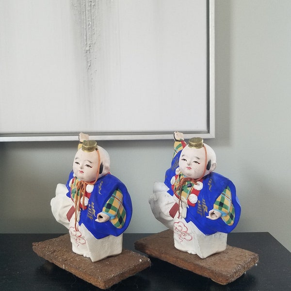 Vintage Collectable Figurines Set of 2. Japanese Hinamatsuri Dancing Boy. Collectibles Clay Samurai Dolls.