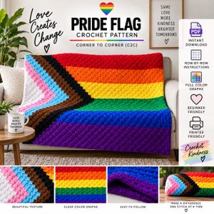 May include: A crochet blanket featuring the Progress Pride flag design with horizontal stripes of red, orange, yellow, green, blue, and purple, plus a chevron pattern in white, pink, light blue, brown, and black. The texture is a corner-to-corner stitch.