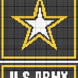 May include: A black and yellow pixel art design of a five-pointed star with a white centre. The star is surrounded by a yellow border. Below the star is a yellow border with the text "U.S. ARMY" in white.