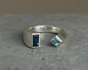 Handmade Adjustable Silver Ring with Swiss and London Topaz, Jewelry with Blue Stones, Geometric shapes Ring, Ukrainian artist