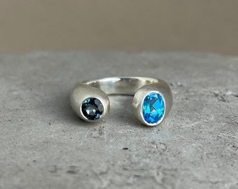 Multi-Stone Silver Ring, with Blue Stones, Swiss Topaz and London Topaz, Ukrainian Artist, Unisex Ring of Unique Design, Blue Stones Ring