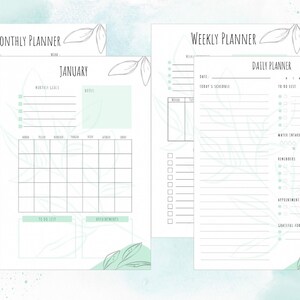Paquete de planificador imprimible y totalmente personalizable: planificadores diarios, semanales, mensuales, anuales y más (tema de naturaleza verde)
