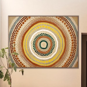 Puede incluir: Una gran pintura abstracta circular con círculos concéntricos de puntos marrones, amarillos, verdes y blancos. La pintura está colgada en una pared beige en un interior moderno.