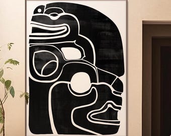 Serpent jaguar Maya imprimable, téléchargeable, encre noire blanche, aquarelle, décoration minimaliste américaine précolombienne, cadeau écologique de pendaison de crémaillère