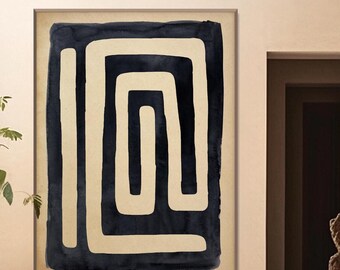 May include: Abstract art print with a black and white geometric design. The design features a series of overlapping squares and rectangles, creating a maze-like pattern.