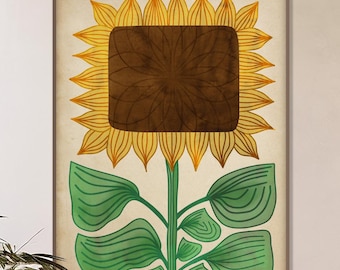Boho kunst aan de muur zonnebloem, naïeve folk botanische print in warme aardse kleuren, retro bloemenillustratie voor gezellig huis of kinderkamer decor
