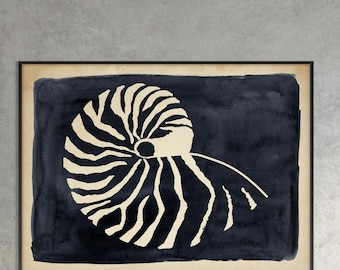 Può includere: Un'illustrazione in bianco e nero di una conchiglia di nautilus su uno sfondo blu scuro. La conchiglia è a forma di spirale con un contorno bianco e strisce nere. L'illustrazione è incorniciata e appesa a un muro.