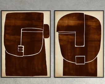 Set of Two Abstract Human Face Printable, Instant Download Watercolor Terracotta Minimal Modern Decor Eco Friendly Housewarming Gift Her Him