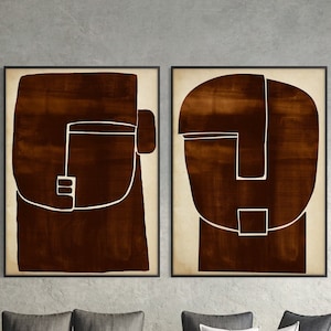 Lot de deux visages humains abstraits imprimables, téléchargement immédiat aquarelle en terre cuite, décoration moderne minimale, respectueux de l'environnement, cadeau de pendaison de crémaillère pour elle lui