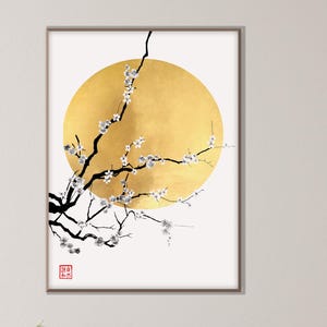 Japanese Golden Moon Sakura Cherry Blossom Printable, Oriental Asian Landscape Watercolor Minimal Zen Feng Shui Decor Eco Friendly Gift