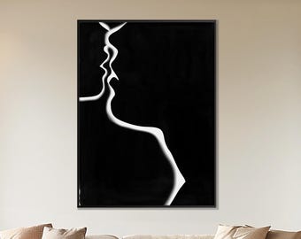 Líneas abstractas de besos de amantes imprimibles, póster de pareja, decoración minimalista moderna, arte de pared descargable, arte en blanco y negro, regalo de inauguración de la casa para ella y él