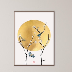Japanese Golden Moon Sakura Cherry Blossom Printable, Oriental Asian Landscape Watercolor Minimal Zen Feng Shui Decor Eco Friendly Gift