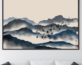 Lámina decorativa japonesa con paisaje de amanecer en las montañas, ideal para imprimir. Arte de meditación, estilo oriental zen y Feng Shui. Descarga instantánea. Decoración para el hogar. Regalo perfecto para ella o para él.