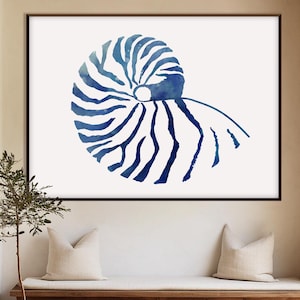 Nautilus Shell Printable, Instant Download Wild Life Prints Blue Gold Wall Art Beach Nautical decor Eco Friendly Housewarming Gift Her Him