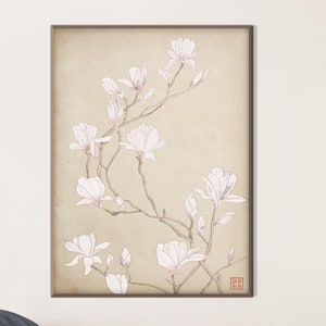 Japanese White Magnolia Printable, Asian Oriental Watercolor Beige Floral SumiE Minimal Zen Feng Shui Wall Room Decor Eco Friendly Gift