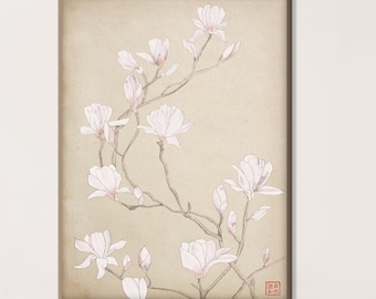 Magnolia blanca japonesa imprimible, acuarela oriental asiática floral beige SumiE minimalista Zen Feng Shui para decoración de pared de habitación Regalo ecológico