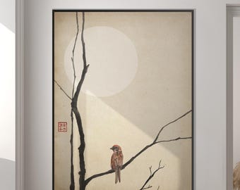 Japanese Sparrow Moon Wall Art Printable, Oriental Asian Landscape Watercolor Minimal Zen Feng Shui Decor Housewarming Eco Friendly Gift