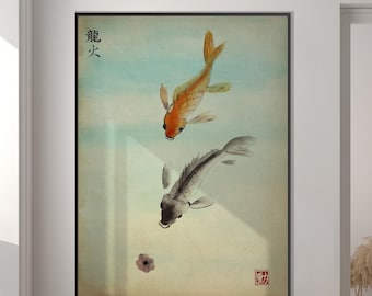 Japansk akvarell karp Koi-blomma utskrivbar, orientalisk Sumi E Feng Shui-vägg miljövänlig inflyttningspresent minimalistisk zen-väggkonstdekor