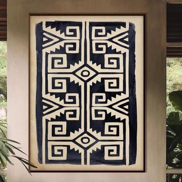 Aztec Style Pattern Art Printable, Ethnic Art Black Beige Geometric Mexican Style Boho Minimal Room Decor Housewarming Eco Friendly Gift