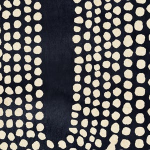 May include: Abstract pattern featuring a dark navy blue background with scattered off-white, irregular dot shapes. A vertical, solid navy blue stripe runs down the center. The design has a textured, watercolor-like appearance.