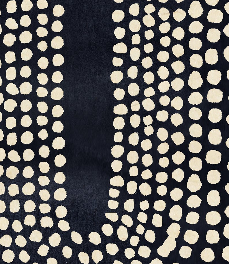 May include: Abstract pattern featuring a dark navy blue background with scattered off-white, irregular dot shapes. A vertical, solid navy blue stripe runs down the center. The design has a textured, watercolor-like appearance.