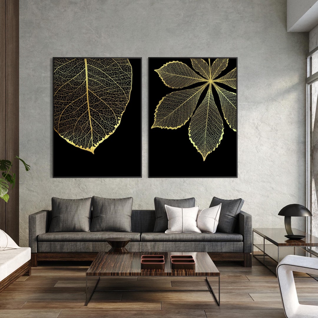 Gold Leaf Wall Art Set, Black and Gold Botanical Prints, Elegant ...