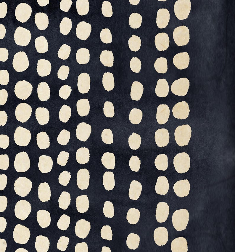 May include: Abstract art print featuring a dark navy background with vertical rows of off-white, irregular oval shapes. The design has a textured appearance, creating a visual contrast between the dark and light elements. The artwork evokes a sense of depth and pattern.
