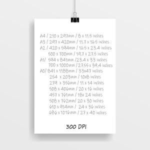 May include: A white poster with size and resolution details, held by a black binder clip. The poster lists various print sizes in inches and millimeters, including A4, A3, A2, A1, and A0, along with the text "300 DPI".