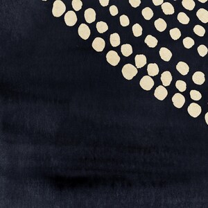 May include: Abstract watercolor art print featuring a dark navy blue background with a diagonal pattern of cream-colored dots. The dots vary in size and are irregularly spaced, creating a textured effect.