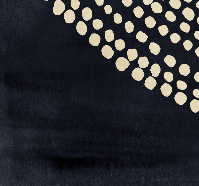 May include: Abstract watercolor art print featuring a dark navy blue background with a diagonal pattern of cream-colored dots. The dots vary in size and are irregularly spaced, creating a textured effect.
