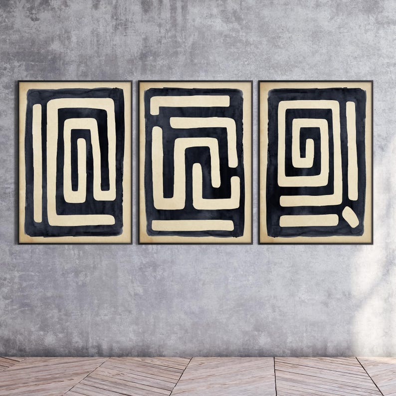 Set of Three African Art Printable, Ethnic Tribal Black Beige Wall ...