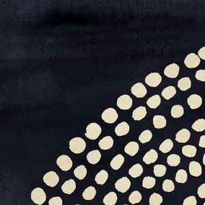 May include: Abstract art print featuring a dark navy blue background with a diagonal pattern of off-white, circular shapes. The watercolor-style design has a textured appearance, creating a modern and minimalist aesthetic.