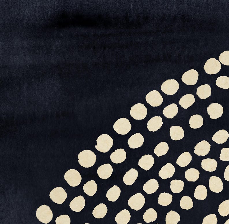 May include: Abstract art print featuring a dark navy blue background with a diagonal pattern of off-white, circular shapes. The watercolor-style design has a textured appearance, creating a modern and minimalist aesthetic.