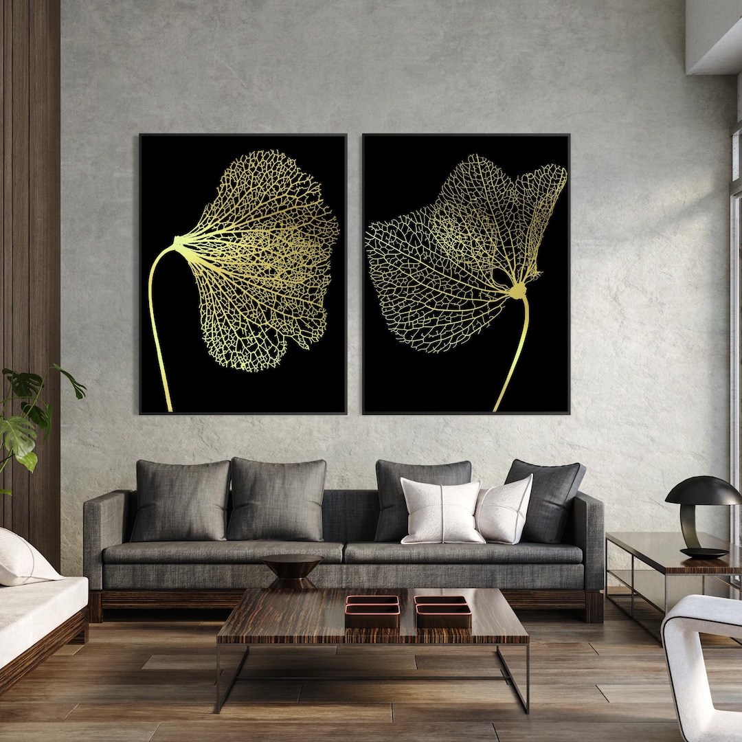 Black and Gold Botanical Print Set, Elegant Minimalist Leaf Art, Modern ...
