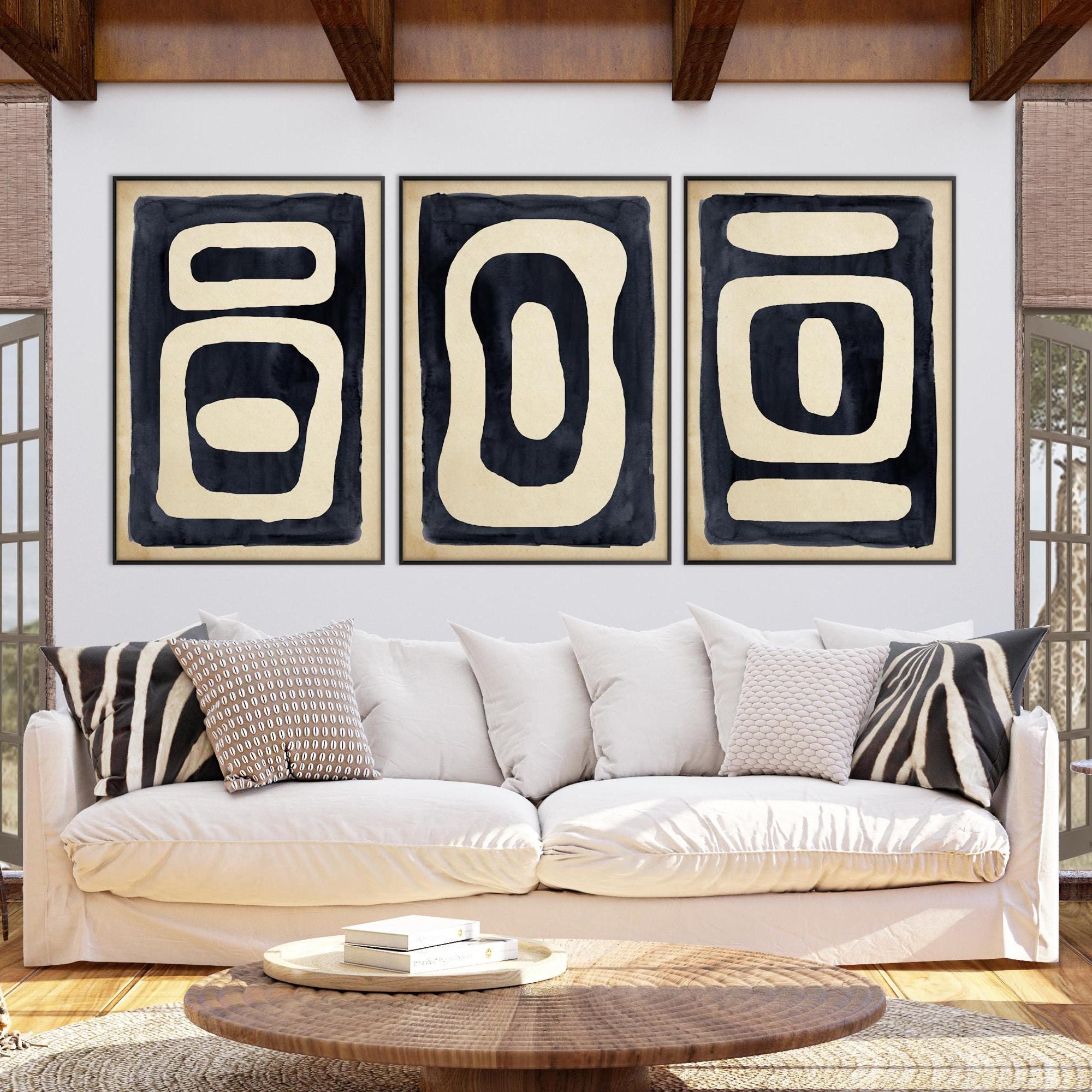 Set of Three African Art Printable, Ethnic Tribal Black Beige Wall ...