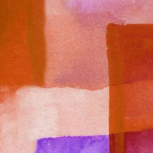 Peut inclure: Peinture abstraite &agrave; l'aquarelle avec une composition carr&eacute;e. L'&oelig;uvre pr&eacute;sente des blocs de couleur dans des tons orange, rouge, rose et violet. Les couleurs se m&eacute;langent et se superposent, cr&eacute;ant un effet textur&eacute;. La peinture a un aspect moderne et artistique.