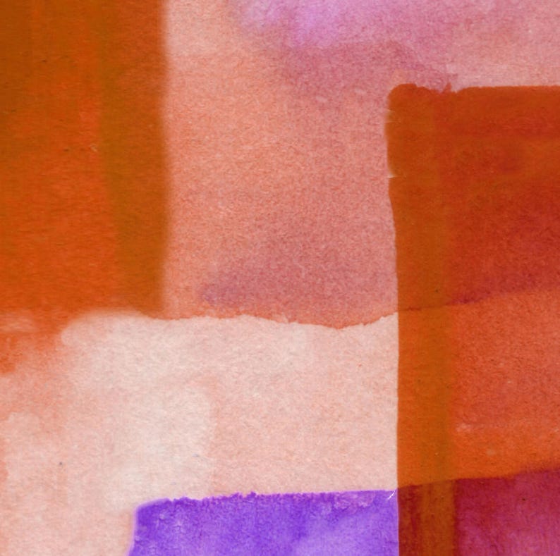 Peut inclure: Peinture abstraite &agrave; l'aquarelle avec une composition carr&eacute;e. L'&oelig;uvre pr&eacute;sente des blocs de couleur dans des tons orange, rouge, rose et violet. Les couleurs se m&eacute;langent et se superposent, cr&eacute;ant un effet textur&eacute;. La peinture a un aspect moderne et artistique.