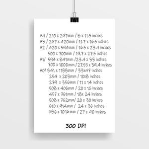 Peut inclure: Une affiche blanche avec des informations de taille et de r&eacute;solution, y compris les dimensions en millim&egrave;tres et en pouces. L'affiche est maintenue par une pince &agrave; reliure noire. Le texte comprend des tailles telles que 210 x 297mm et 686 x 1016mm, ainsi que la r&eacute;solution de 300 DPI.
