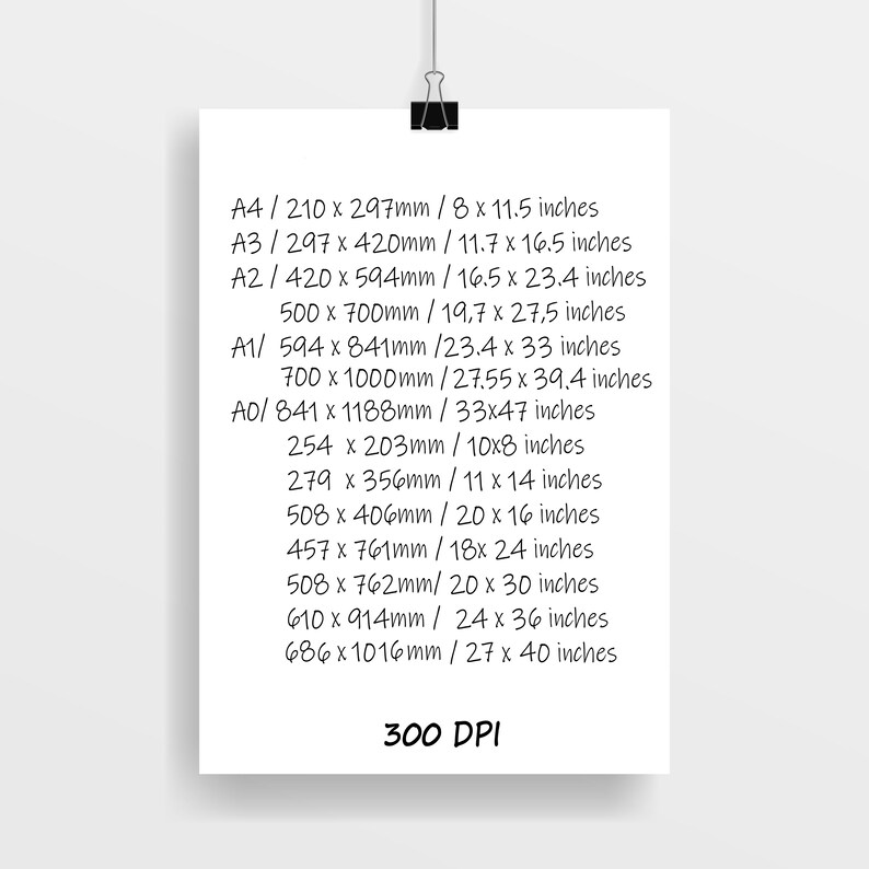 Peut inclure: Une affiche blanche avec des informations de taille et de r&eacute;solution, y compris les dimensions en millim&egrave;tres et en pouces. L'affiche est maintenue par une pince &agrave; reliure noire. Le texte comprend des tailles telles que 210 x 297mm et 686 x 1016mm, ainsi que la r&eacute;solution de 300 DPI.