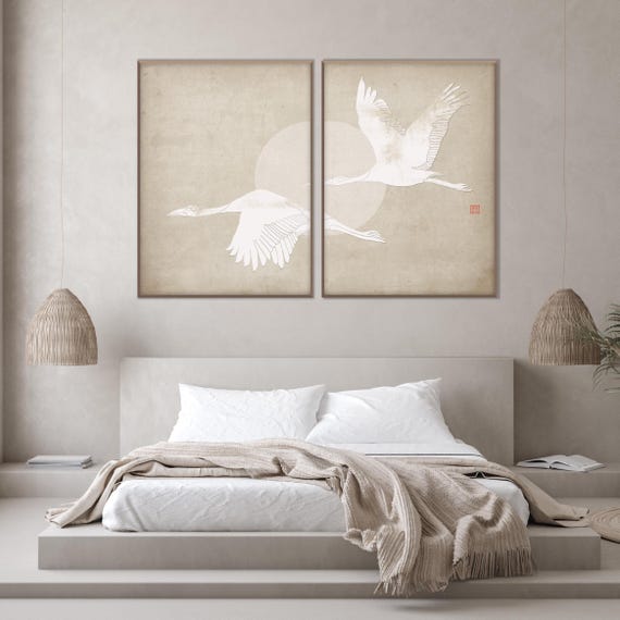 Set of Two Japanese White Crowned Cranes Landscape Printable, Oriental Watercolor Wabi Sabi Minimal Zen Feng Shui Decor Eco Friendly Gift