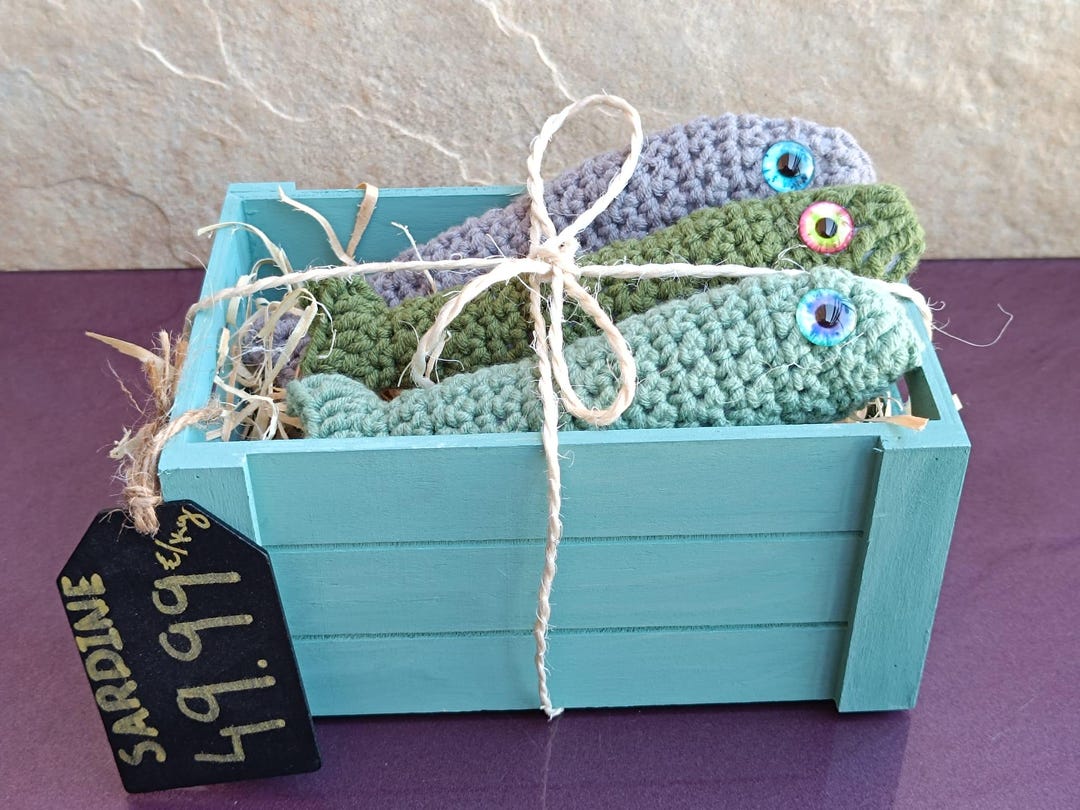 Retro-style Crochet Sardines – Set of Three in a Wooden Box, Amigurumi ...