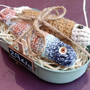 Vintage Style Sardines, Handcrafted Sardines, Crochet Sardines , Set of Sardines, Olive Tin Fish, Rustic Charm Sardines, Amigurumi Sardine