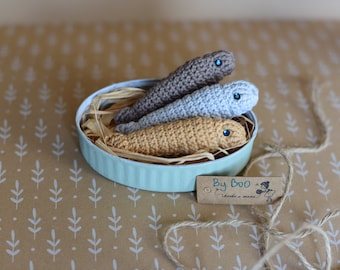 Peixe de crochê, Sardinhas de crochê, Sardinhas em lata, Peixe em lata, Sardinha fofa em amigurumi