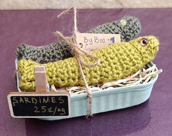 Rustic Sardines, Handcrafted Crochet Sardines, Set of Fish, Tin Sardines, Amigurumi Fish, Crochet Sardines, Vintage Sardine, Vintage Crochet