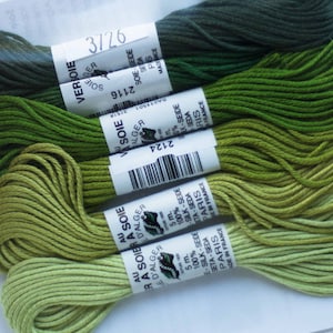 Pack of 6 Classic Universal Silk Embroidery Threads-Universalseidenstickgarn-Green Shades-Soie d&#39;Alger-Au Ver a Soie-Made in France