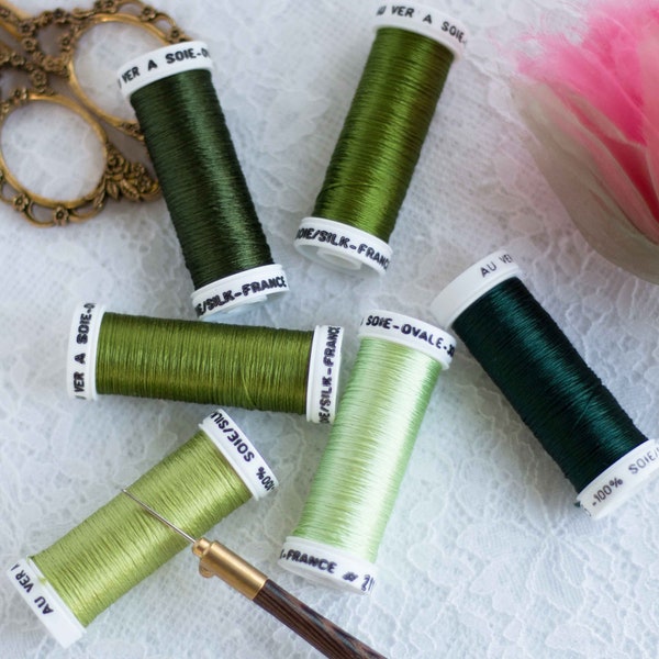 Au Ver à Soie-Soie Ovale-Green Shades-Low Twist Filament Silk-Made in France.