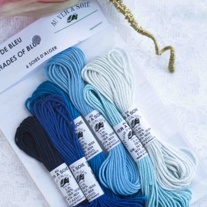Pack of 6 Classic Universal Silk Embroidery Threads-Universalseidenstickgarn-Blue Shades-Soie d&#39;Alger-Au Ver a Soie-Made in France
