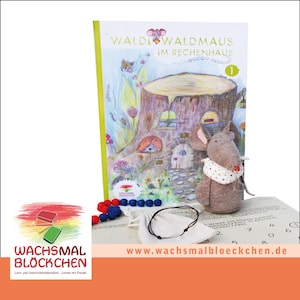 Pacote de mouse calculador “Waldi Waldmaus” para começar a escola - mouse calculador com duas cordas calculadoras, livro de aritmética, pérola ao luar e cartão postal