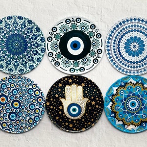 Set of 6 Drink Coasters, Turkish Persian Design Pattern, House warming gift, Mediterranean Coasters, Mandala Design, Decorative Coasters