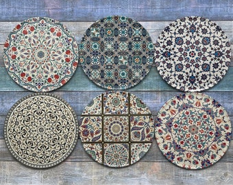 Set of 6 Drink Coasters, Turkish Persian Design Pattern, Tea Coffee Cup Coaster, Mediterranean Coasters, Mandala Design, Decorative Coasters